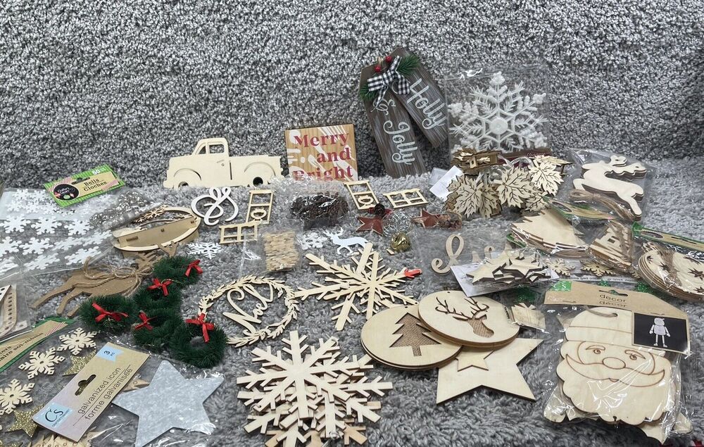 Country Rustic Christmas Ornaments Wood Reindeer Snowman Santa Tree Lot of 35